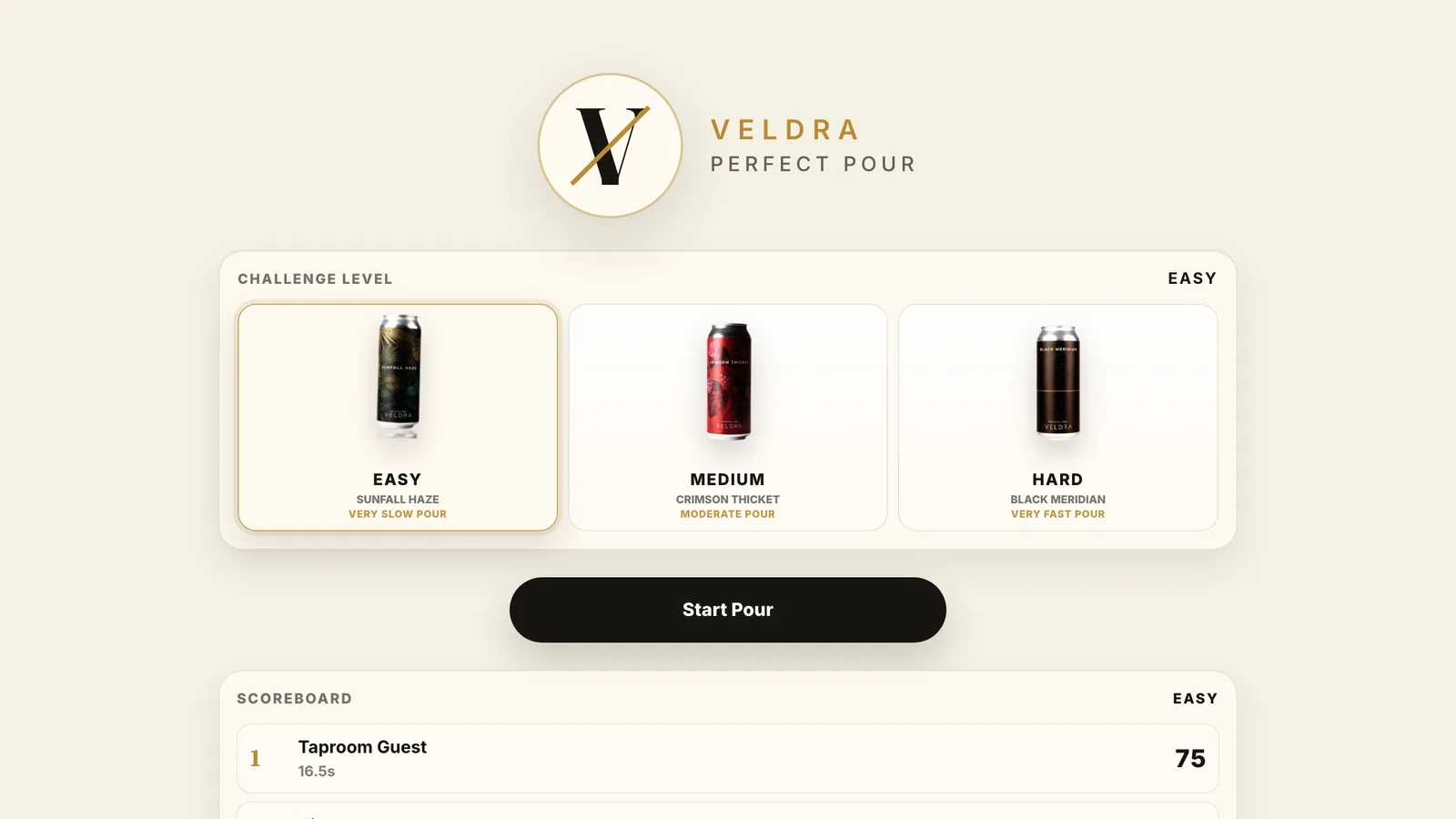 Veldra Perfect Pour game: challenge levels and a scoreboard
